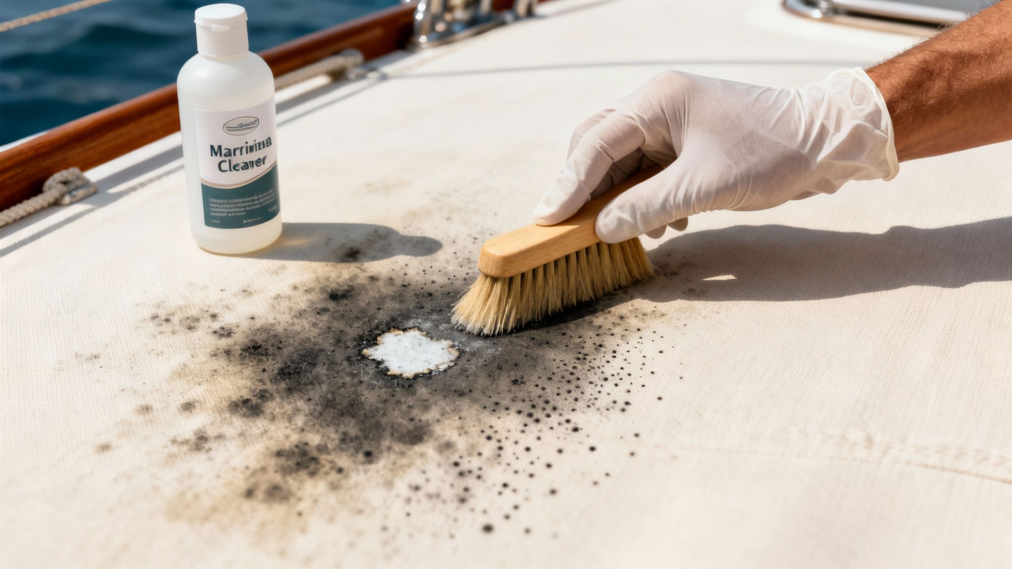 A gloved hand uses a brush to scrub dark mildew from a boat's canvas, with a cleaner bottle nearby.