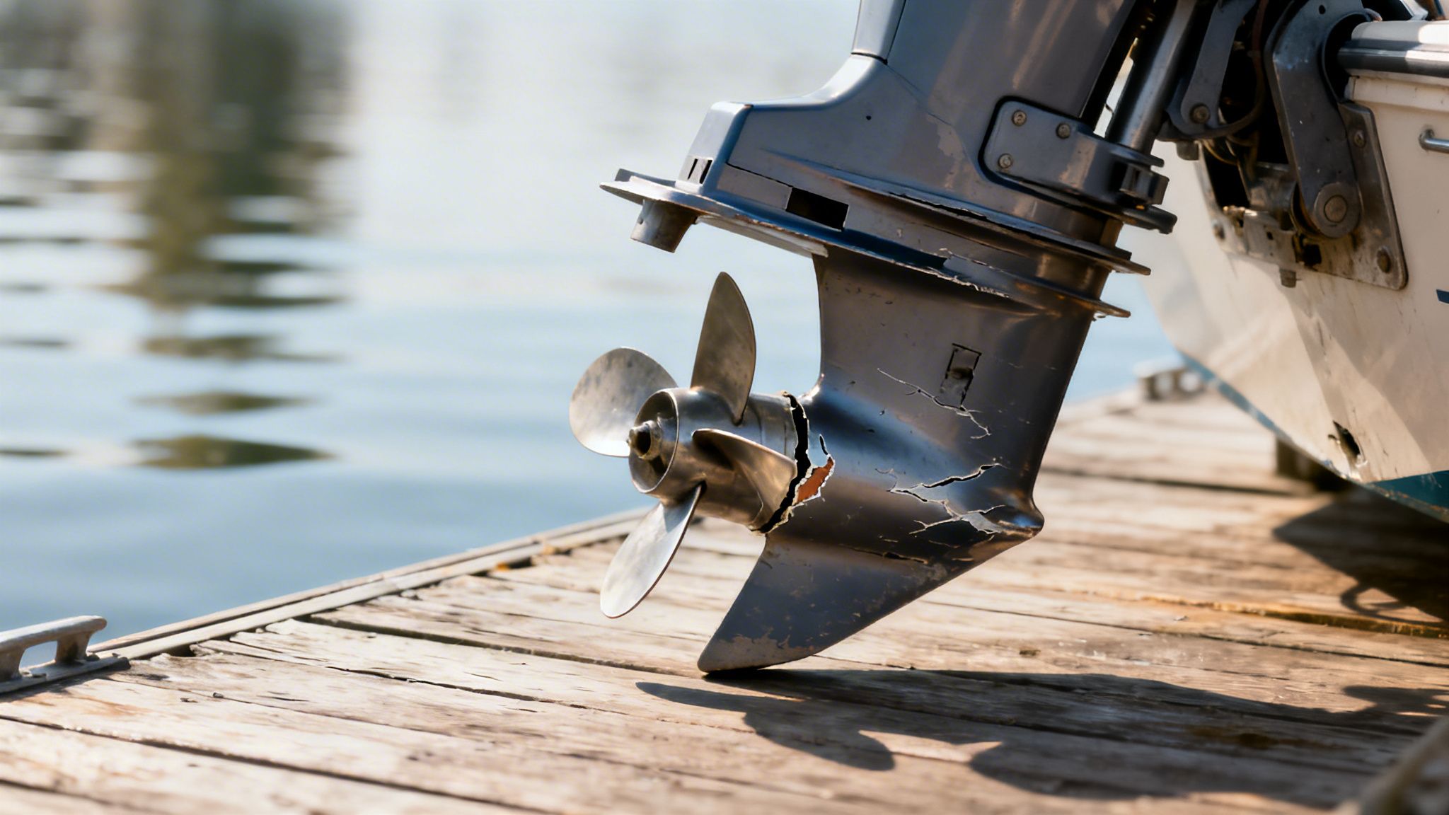 Close-up of a damaged outboard motor with a broken skeg and propeller resting on a wooden dock.