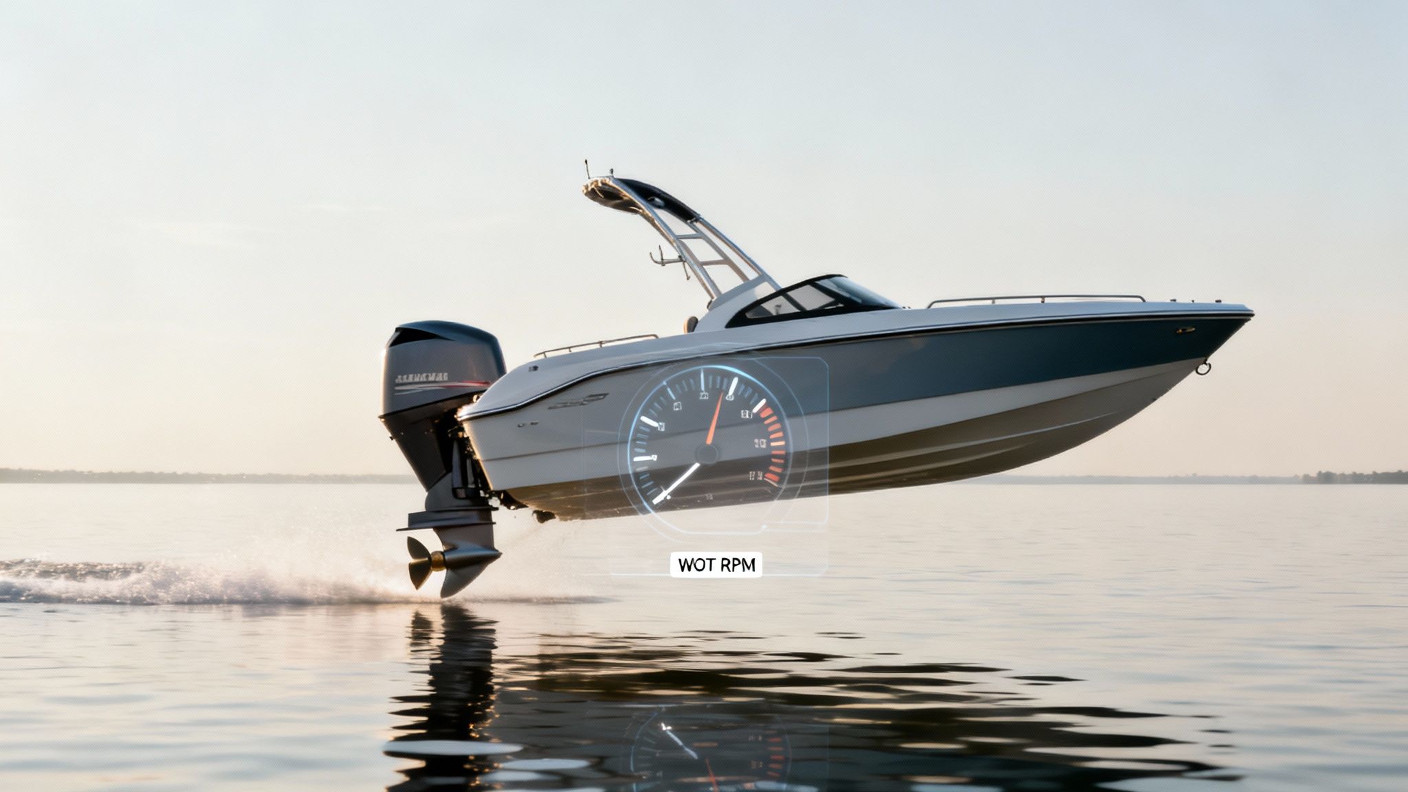 A speedboat with an outboard motor jumps over water, displaying a "WOT RPM" digital gauge.