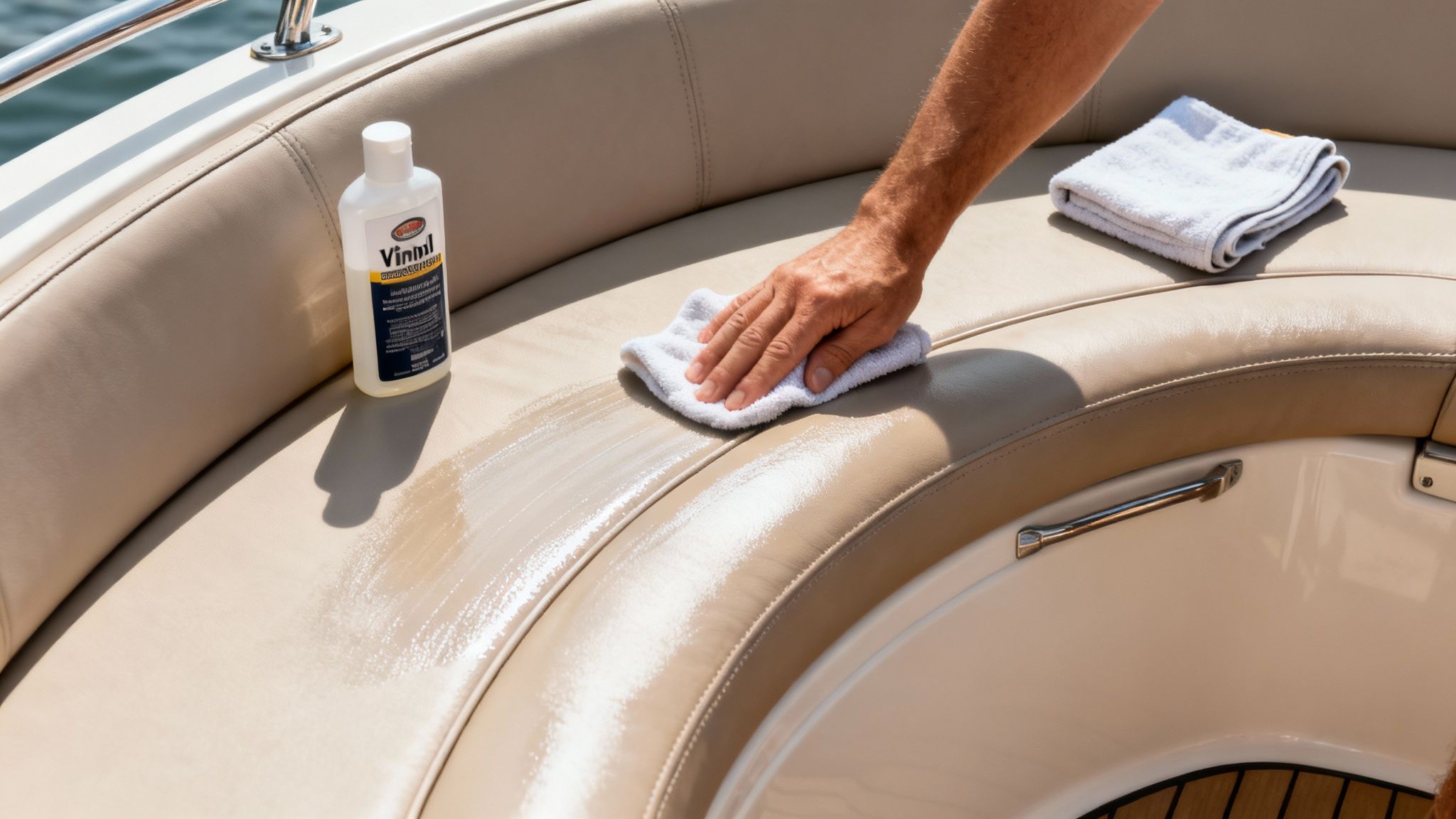 A person's hand cleaning beige vinyl boat seats with a white cloth and cleaner bottle.