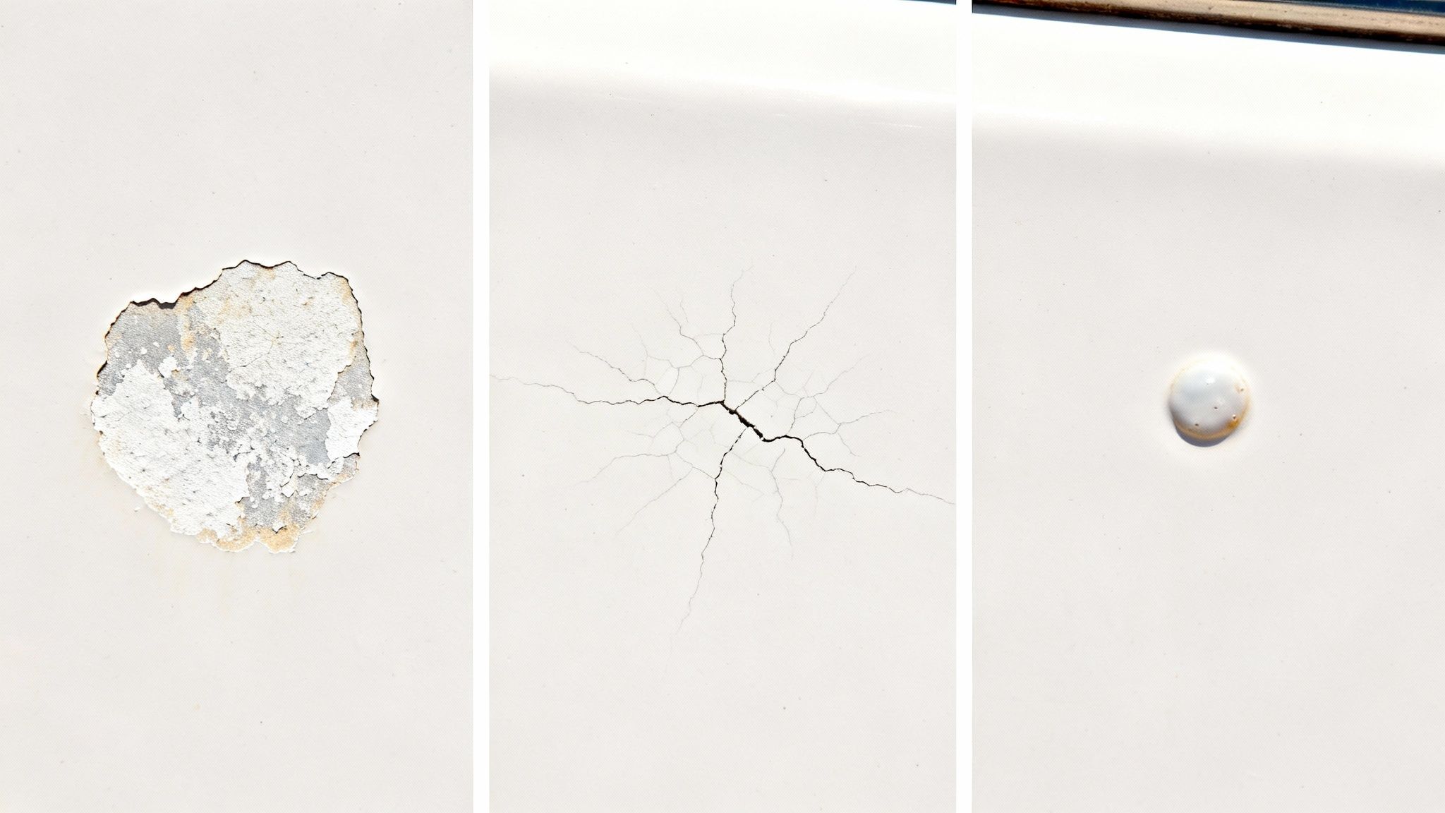 A close-up shot of a boat hull showing signs of gelcoat crazing and oxidation