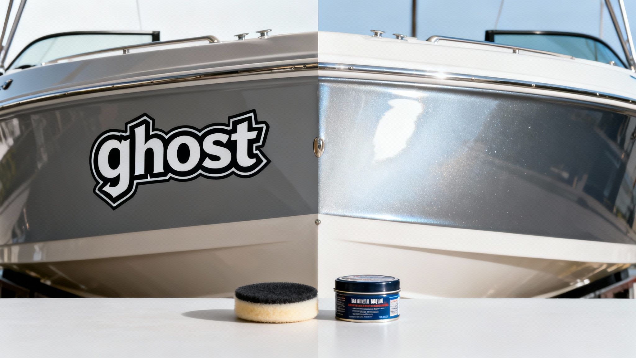 Split image shows boat hull before and after vinyl decal removal and polishing, revealing shiny metallic paint.