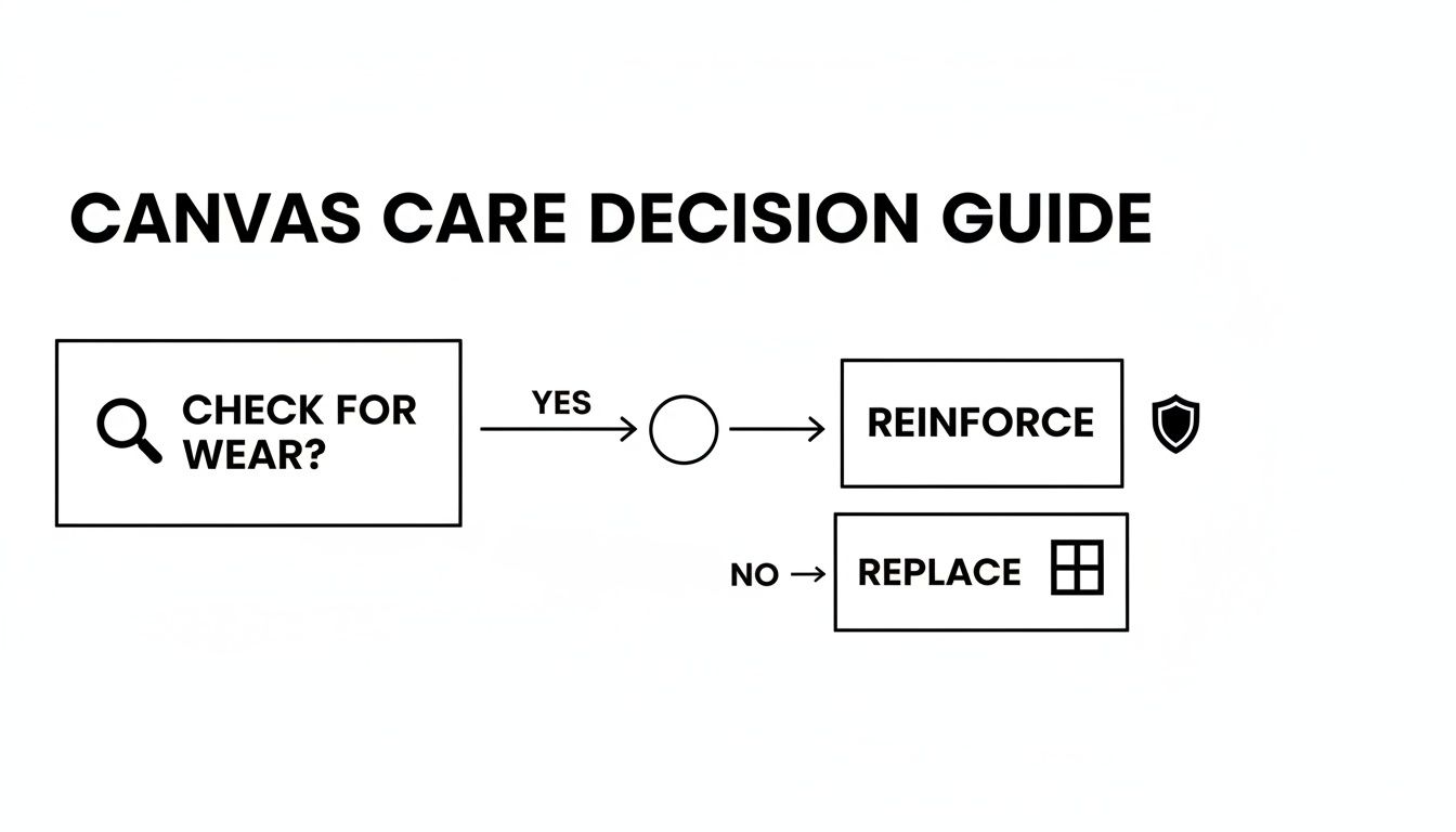 Flowchart illustrating the canvas care decision guide: check for wear, then reinforce or replace.