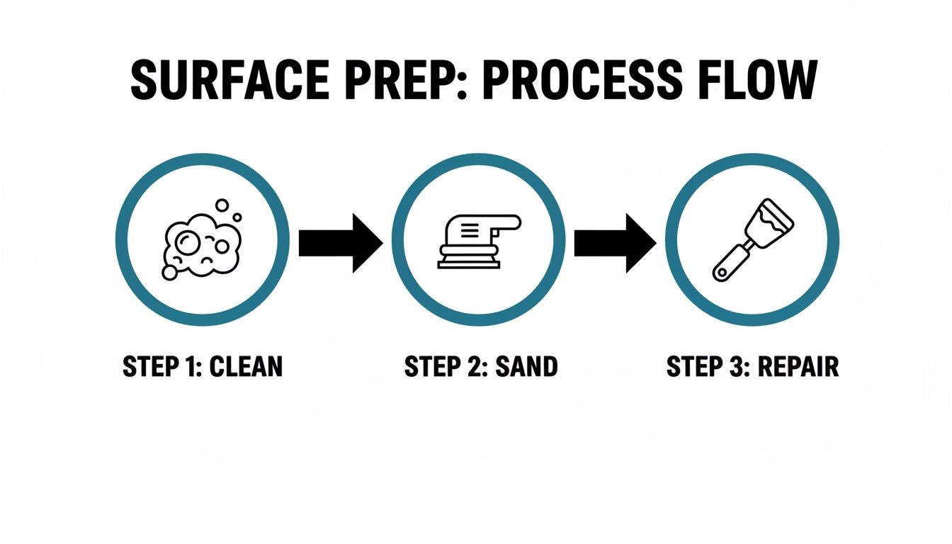 A process flow diagram illustrates three steps for surface preparation: clean, sand, and repair.