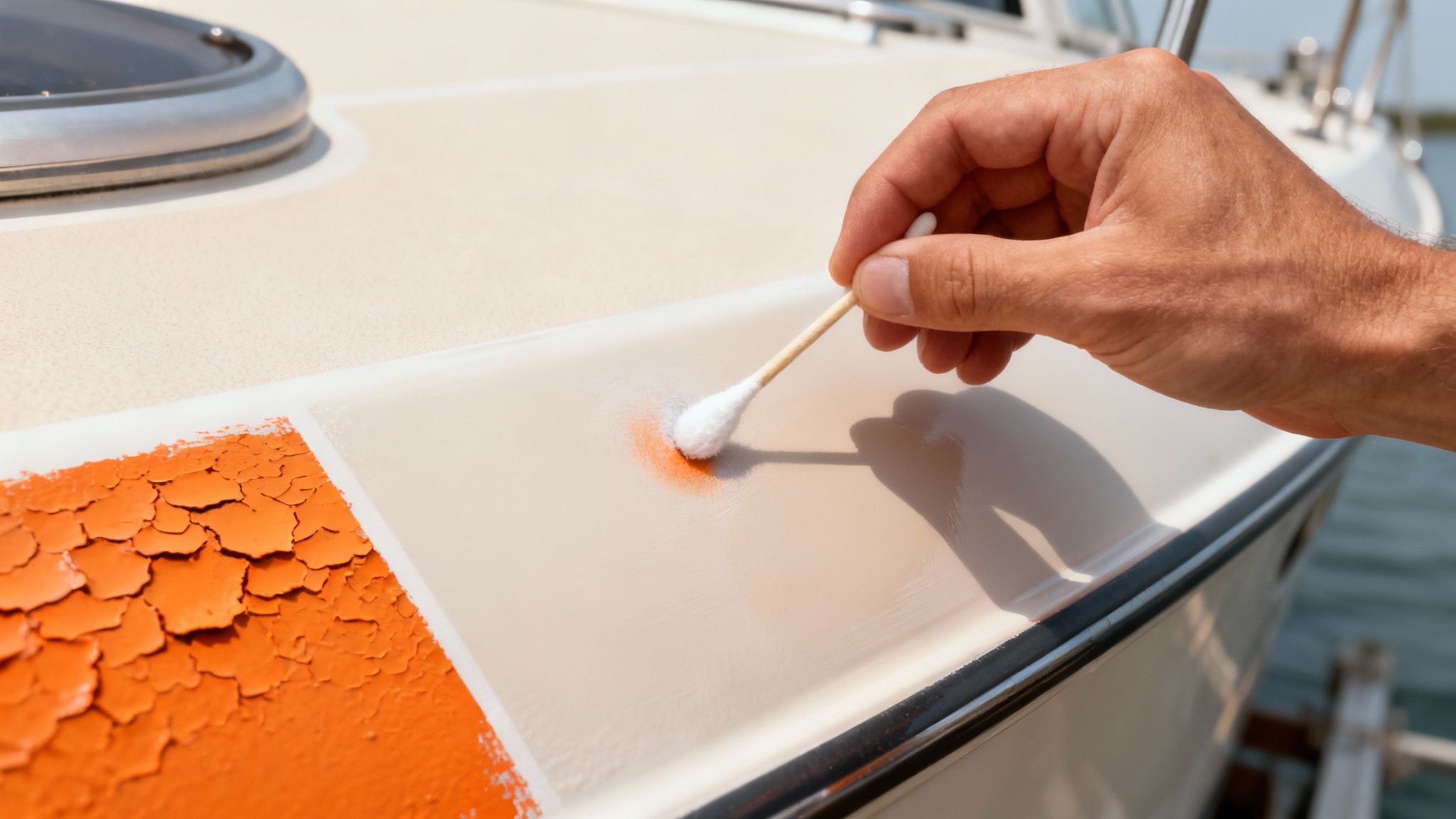 A hand applying acetone to a small, hidden spot on a boat hull to test the finish.