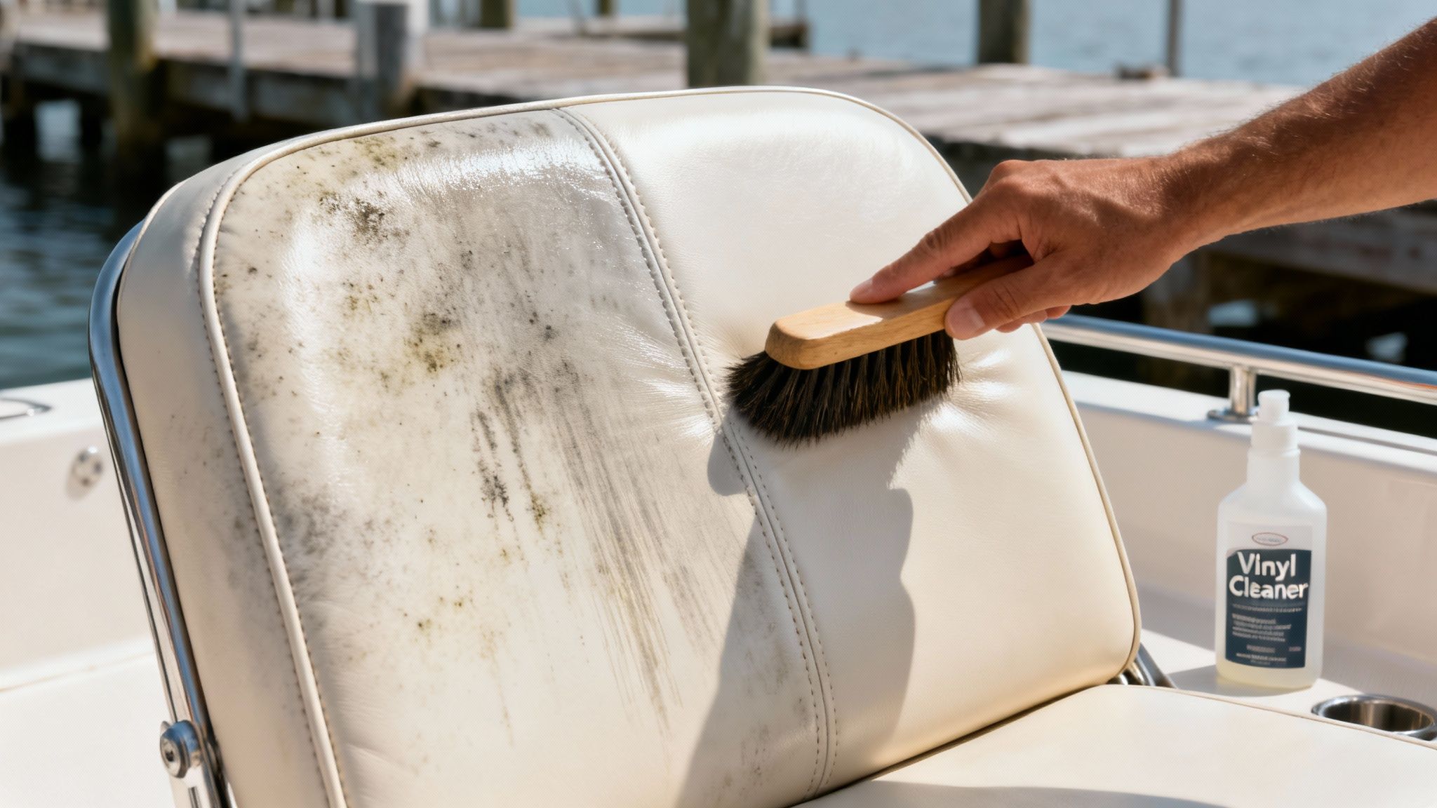 A person is cleaning a dirty white boat seat with a brush, next to a bottle of vinyl cleaner.
