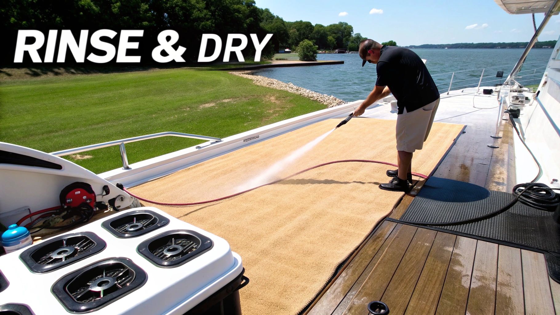 A person using a hose to rinse clean boat carpet on a sunny day.