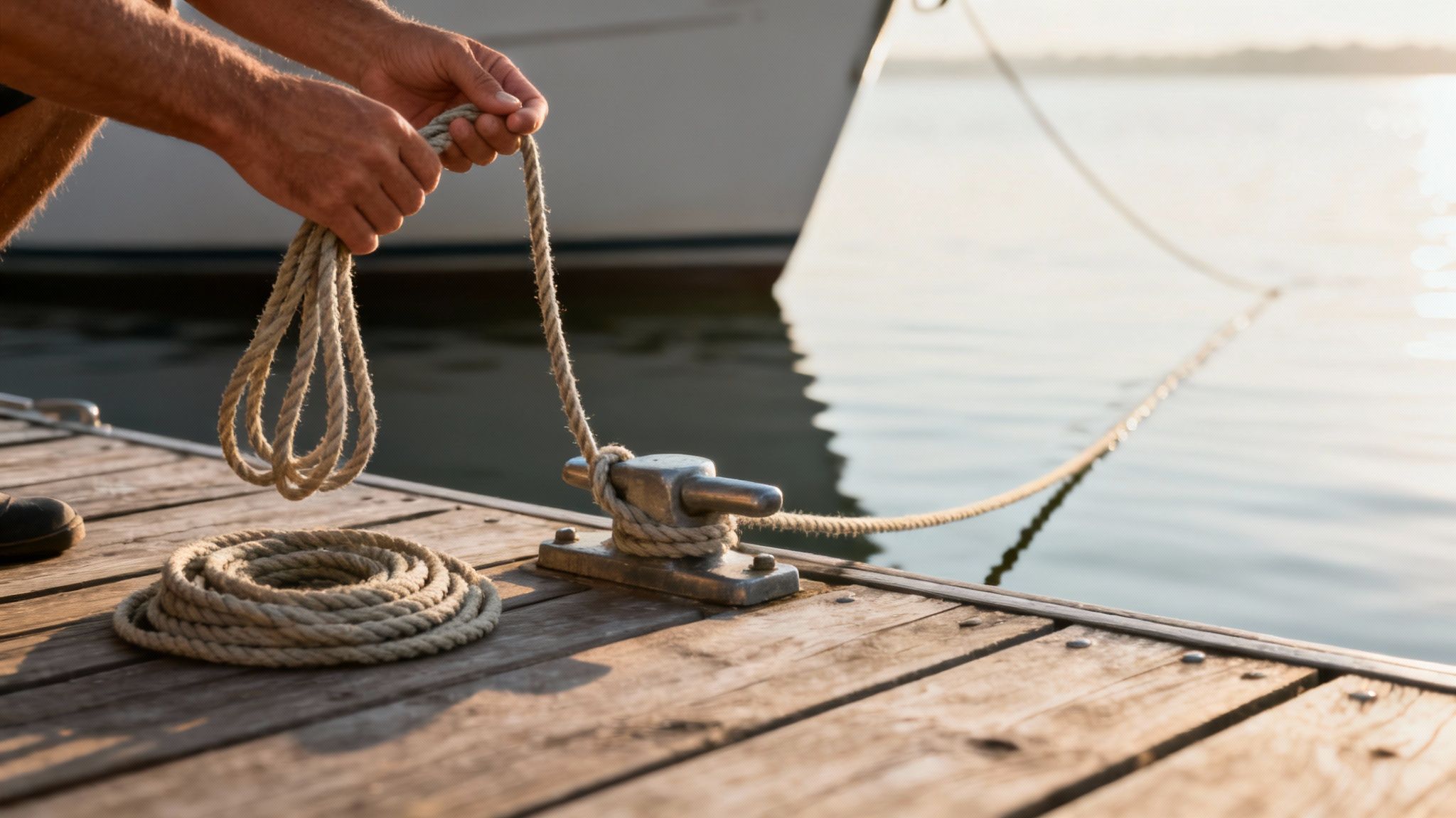 Several different types of boat lines coiled and ready for use on a wooden dock.