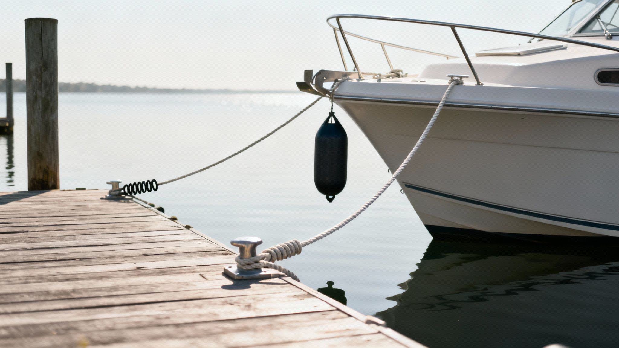 A close-up shot of neatly coiled boat lines on the deck of a sailboat.