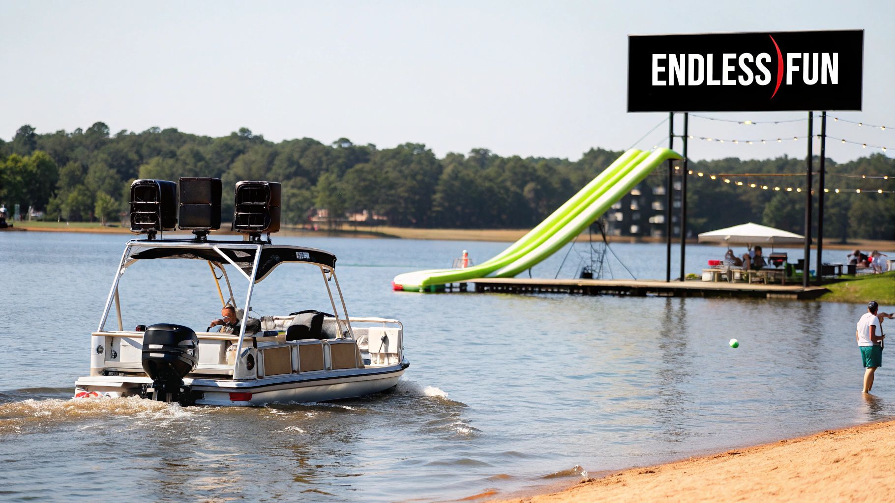 A group of friends enjoying watersports behind a pontoon boat