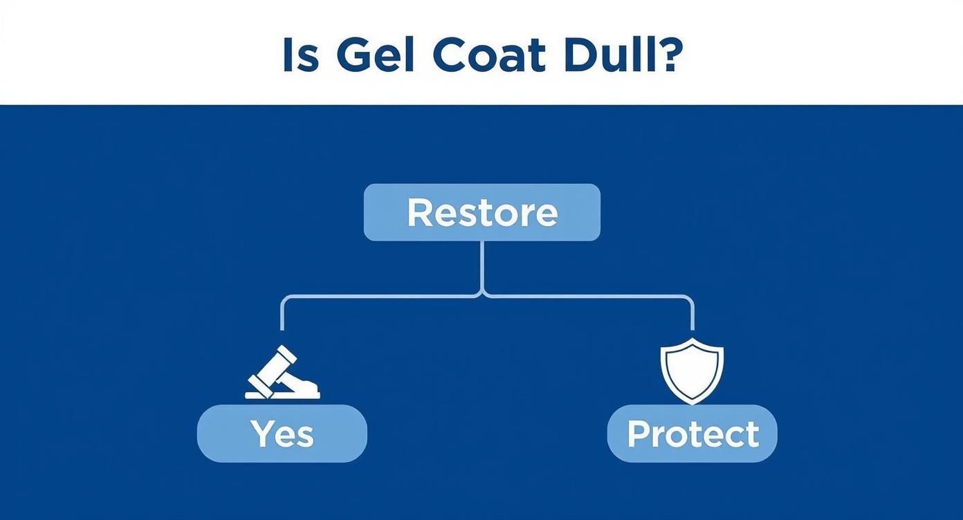 Infographic decision tree asking 'Is Gel Coat Dull?' and branching to 'Restore' or 'Protect'