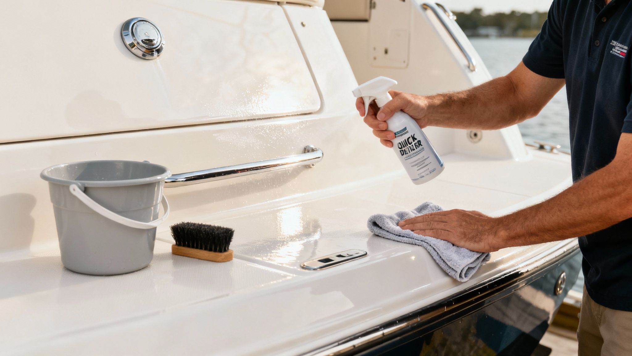 A person inspecting the glossy finish on the side of a freshly waxed blue boat.