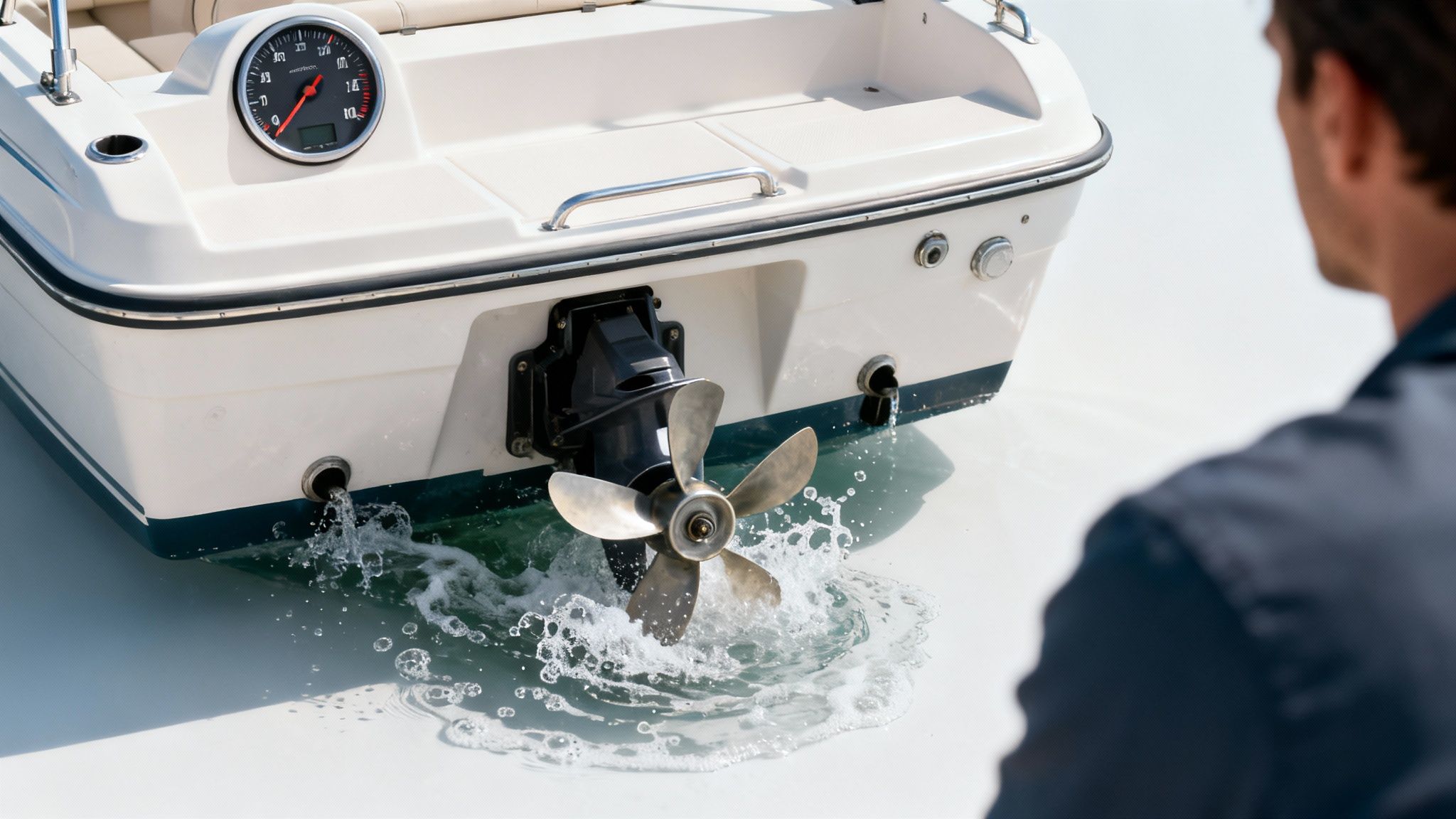 A man observes the back of a white boat with a spinning propeller churning water at the stern.