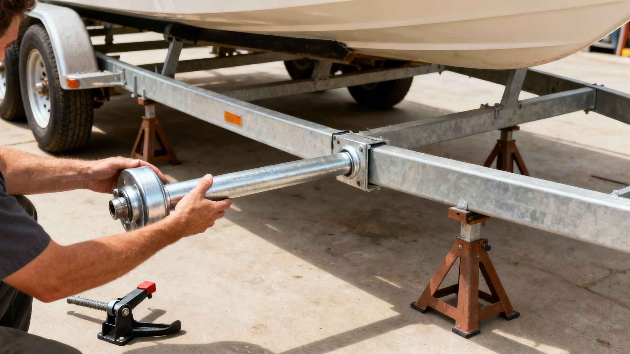 Person installing new axle hub assembly onto galvanized boat trailer frame during maintenance