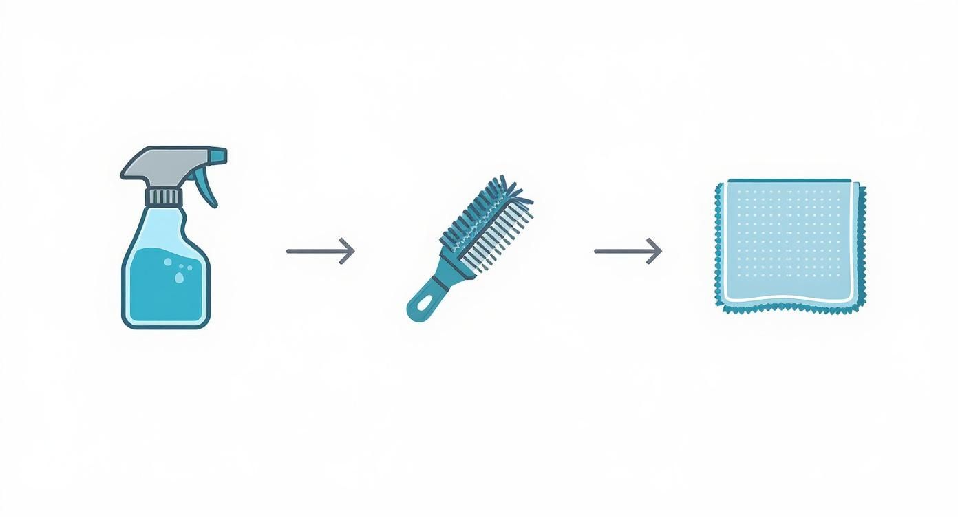An illustration showing cleaning steps: a spray bottle, a scrub brush, and a microfiber cloth.