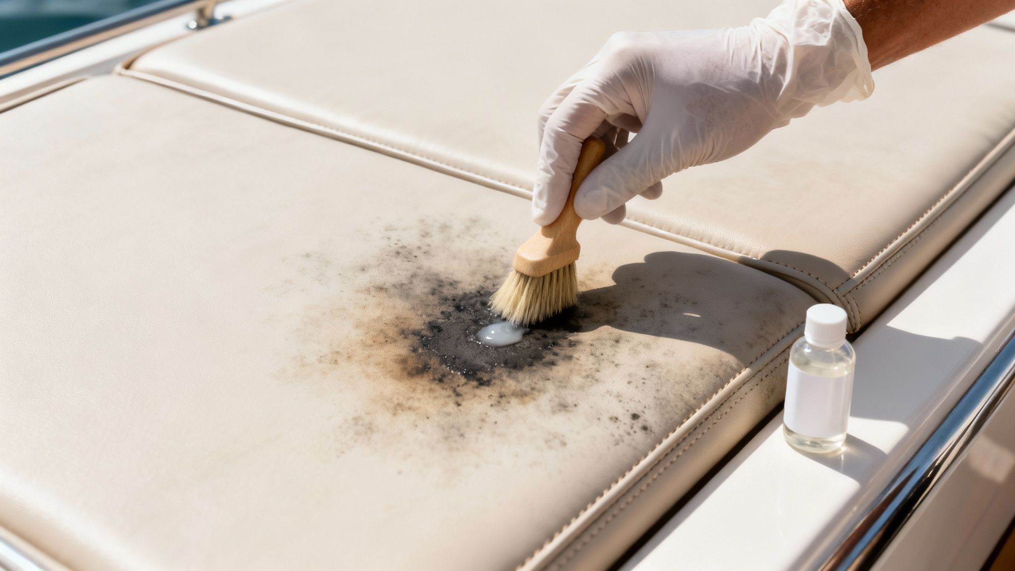 A gloved hand cleans a mildew-stained boat vinyl seat with a brush and cleaning solution.