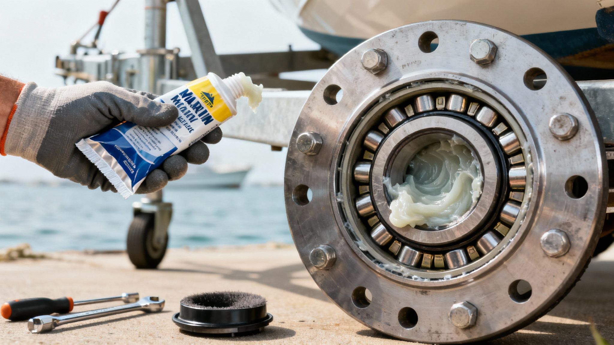 Gloved hand applies marine grease from a tube to a boat trailer wheel bearing by the water.