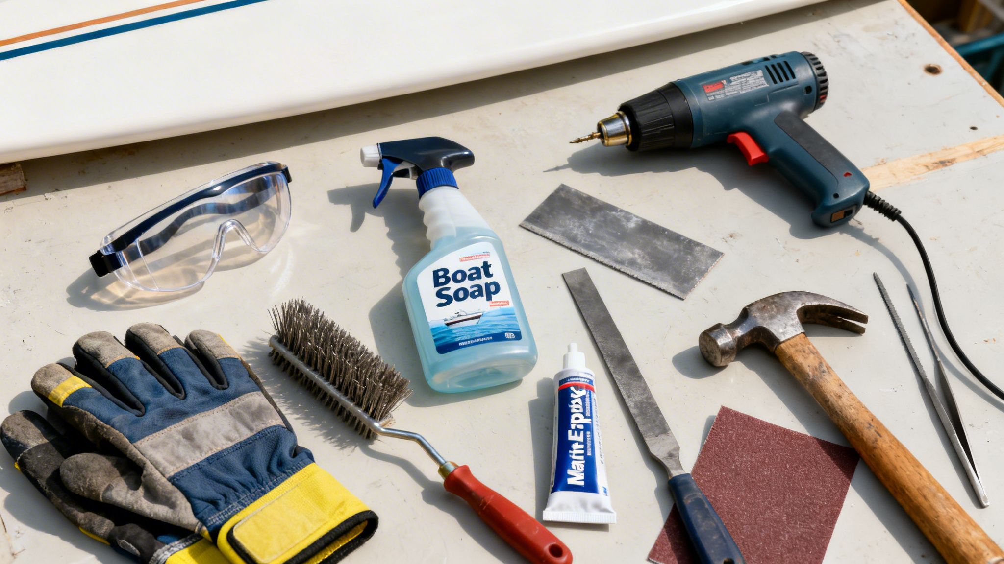 Various boat repair tools including safety glasses, gloves, a heat gun, hammer, soap, and sandpaper laid on a surface.