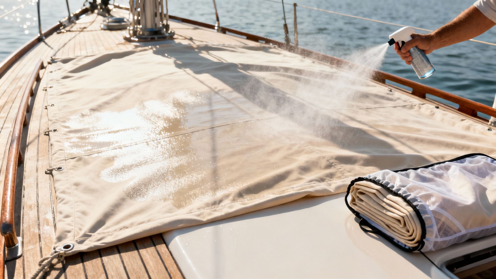 A person sprays a beige boat canvas with a cleaner on a sunny day at sea.