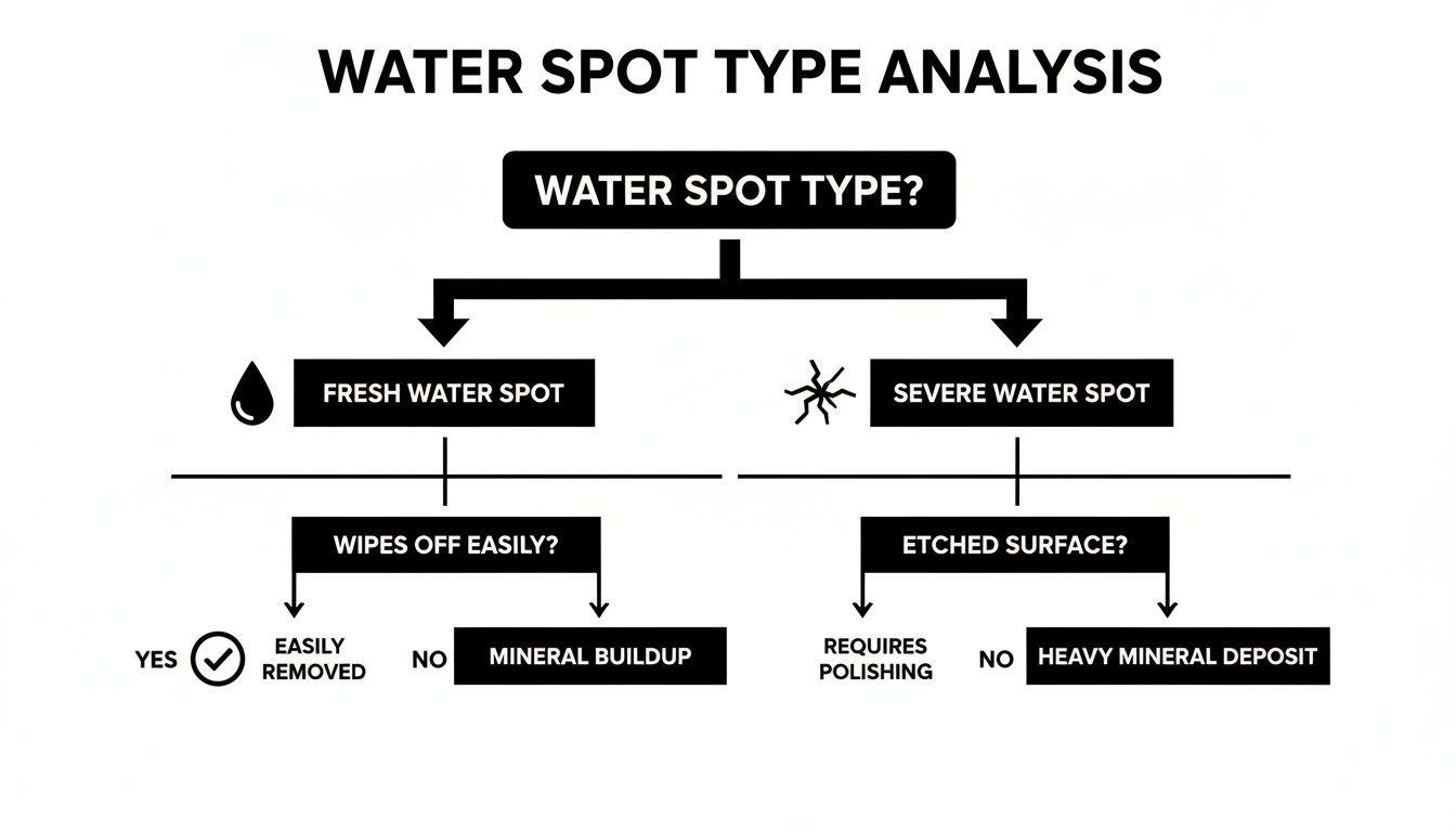 Flowchart illustrating water spot type analysis, categorizing them as fresh or severe for proper treatment.