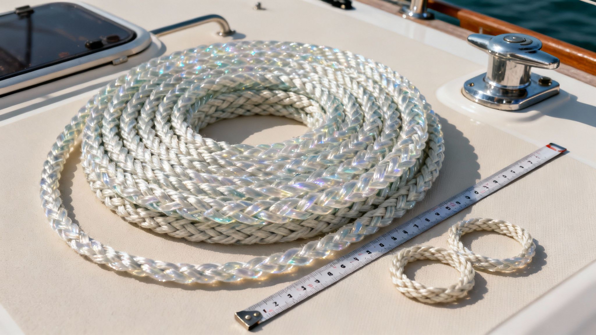 A neatly coiled white boat spring line with a measuring tape and two small ropes on a boat deck.
