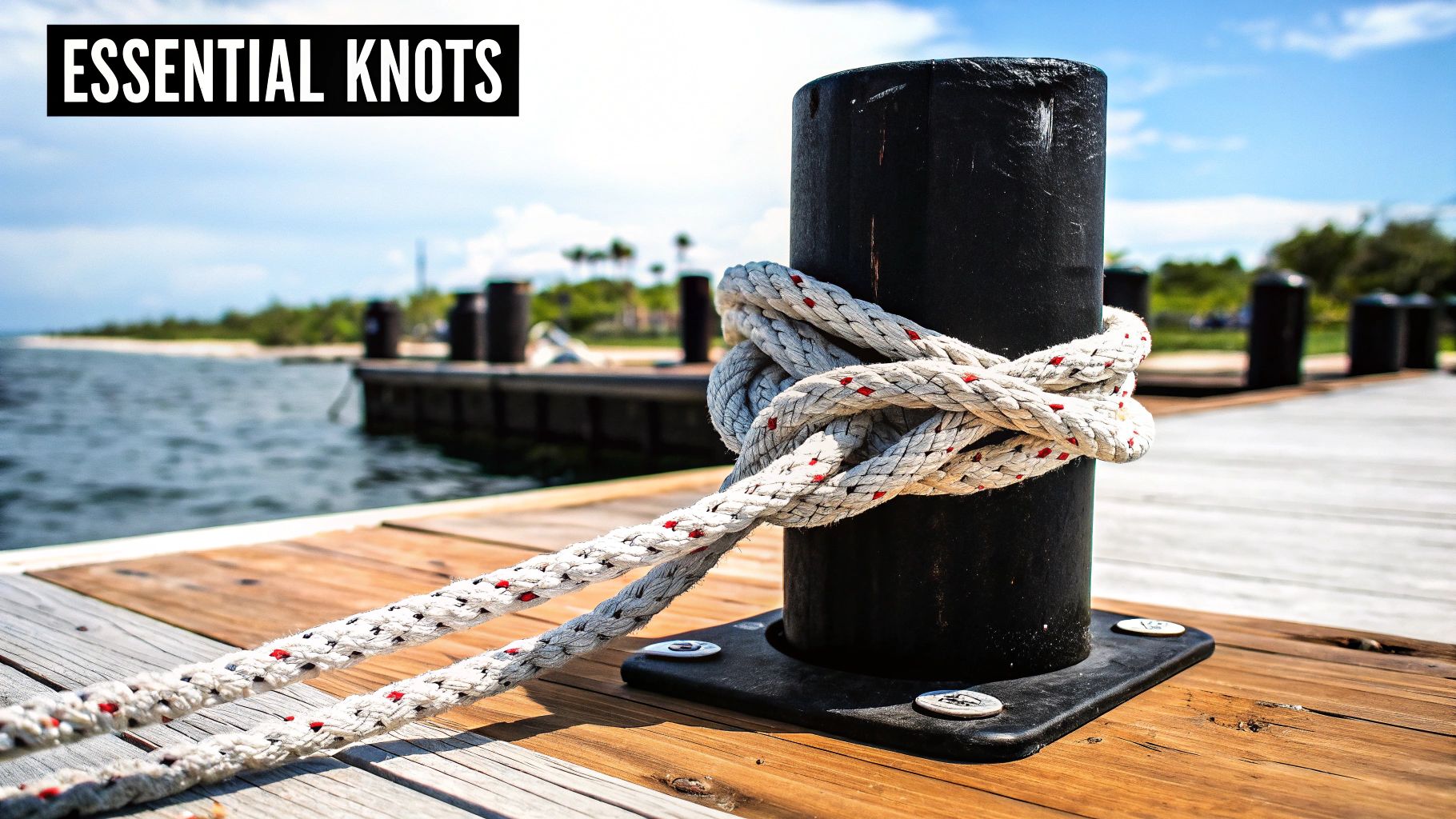 A close-up of a perfectly tied bowline knot on a wooden piling.