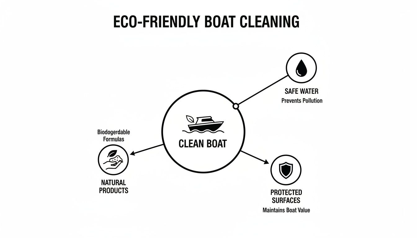 A diagram illustrating the benefits of eco-friendly boat cleaning, including natural products, safe water, and protected surfaces.