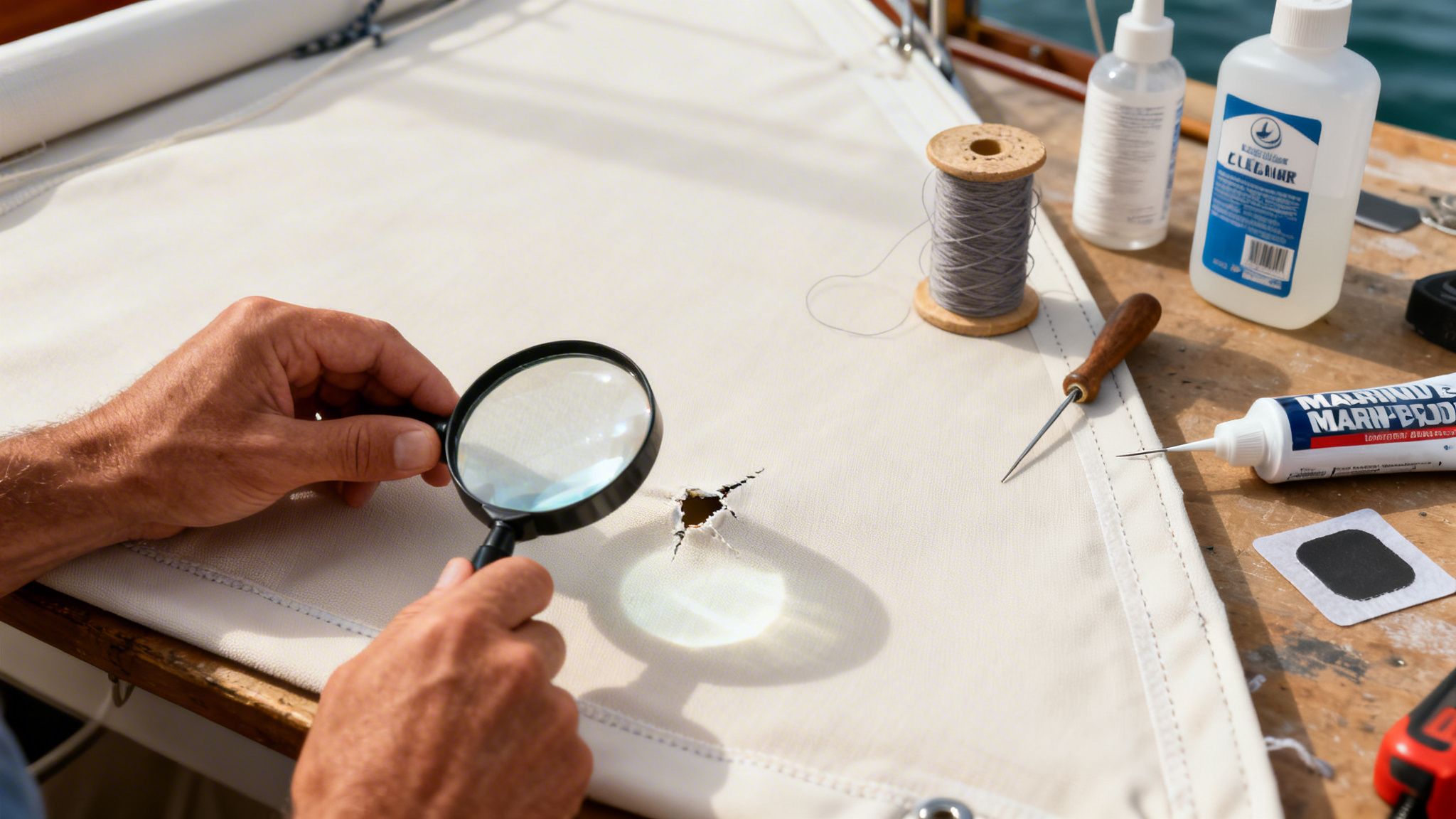 Hands examine a torn boat canvas with a magnifying glass, surrounded by repair tools.