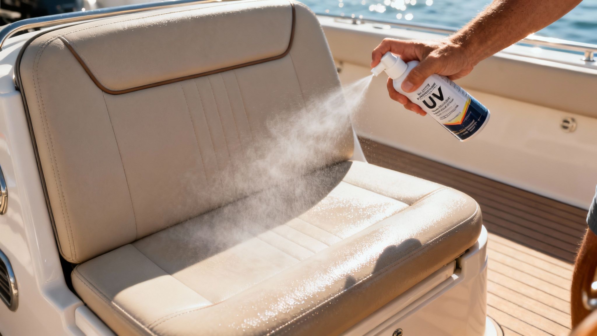 Man applying a protective spray to clean boat upholstery.