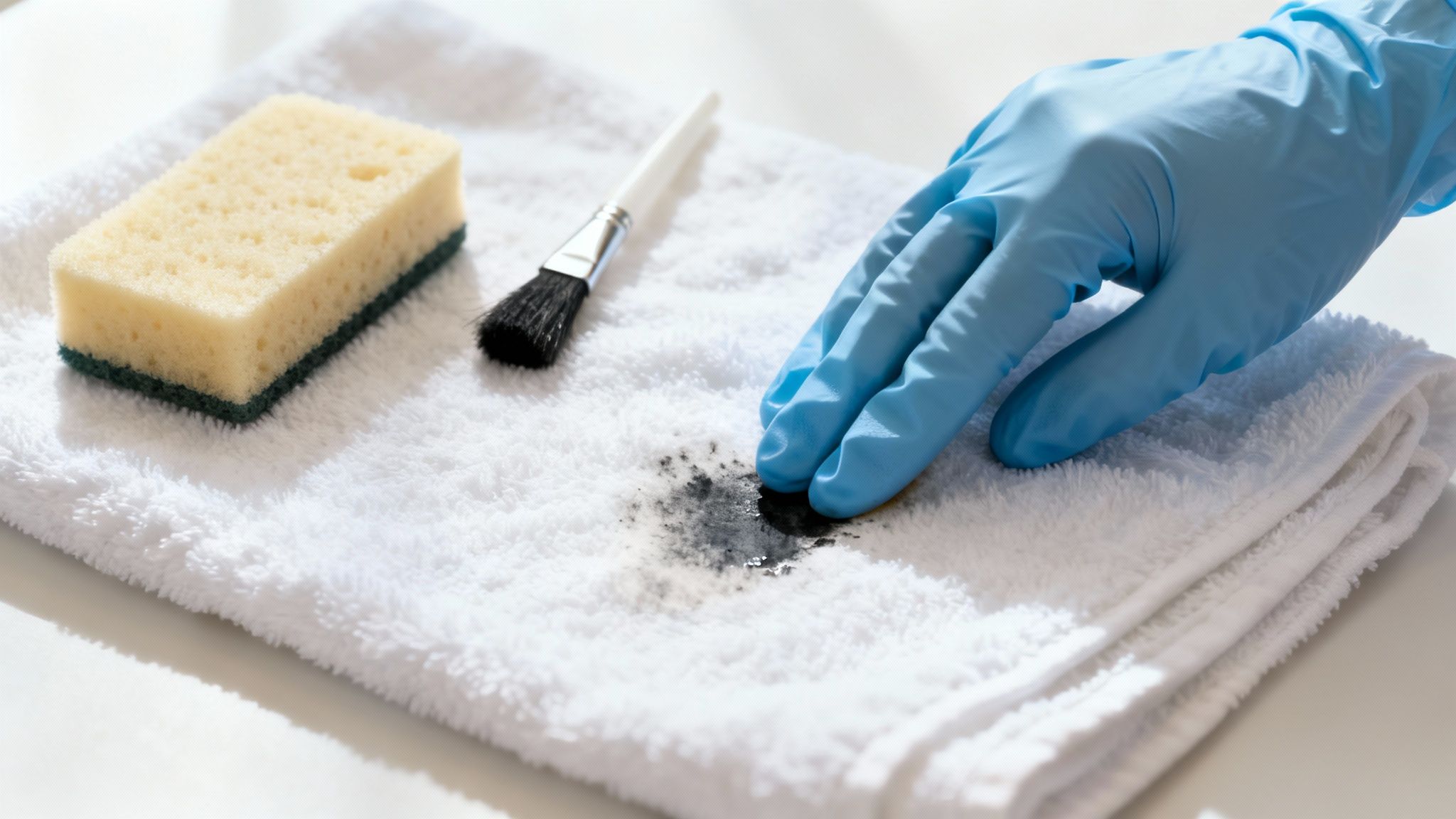 Gloved hand, sponge, and brush near a dark stain on a white towel, demonstrating cleaning.