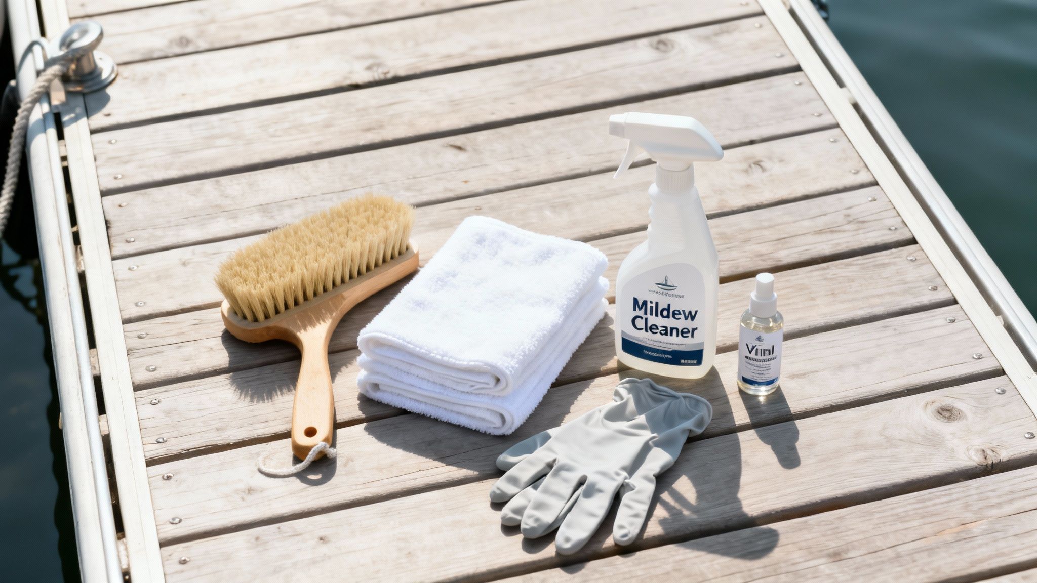 Cleaning supplies for boats, including mildew cleaner, brush, towels, gloves, and vinyl cleaner, on a wooden dock.
