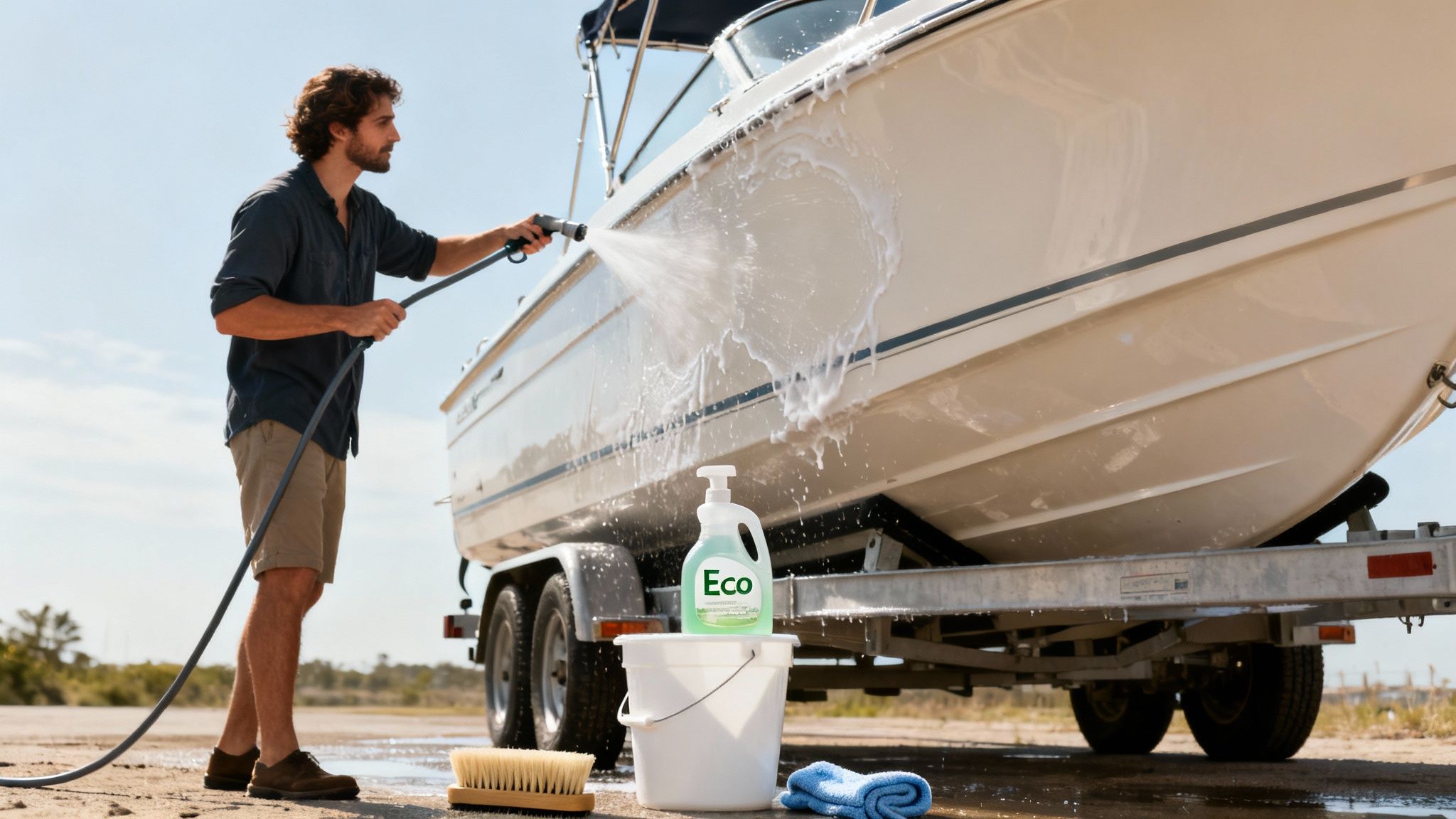 A man uses a hose to wash a boat on a trailer, with eco-friendly cleaning products nearby.