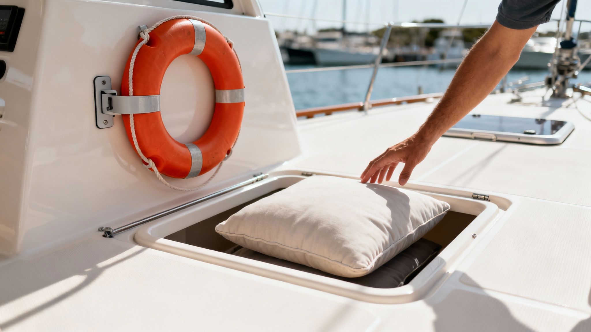 A person's arm places a white cushion into a boat's storage hatch near an orange lifebuoy.