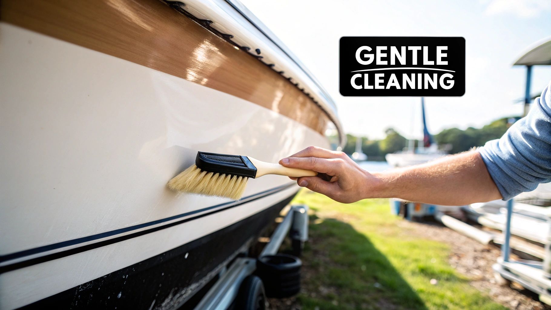 Person in blue gloves using a soft brush to clean a white boat vinyl seat
