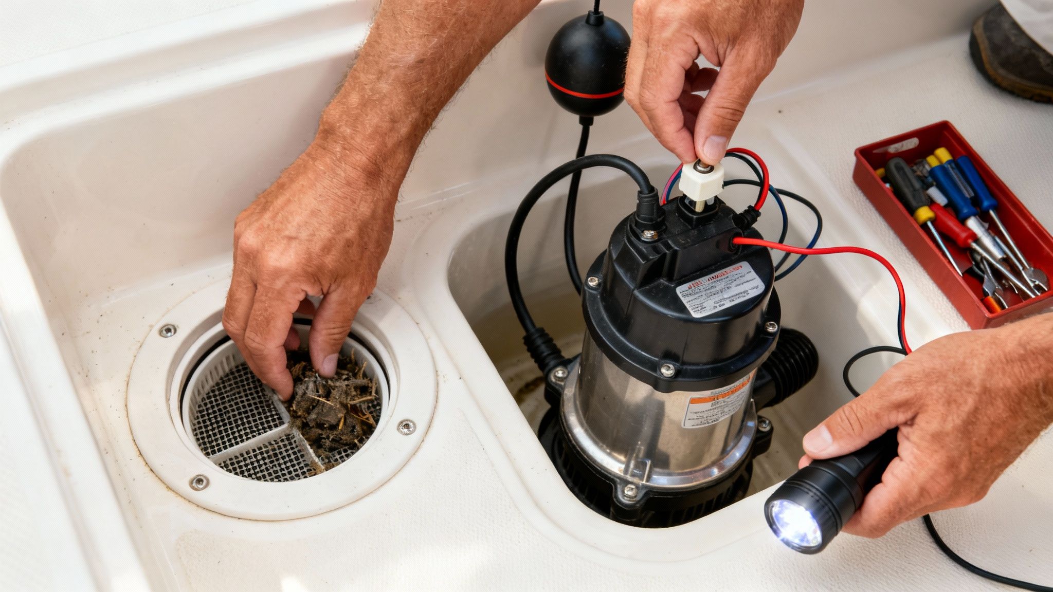 Hands clean a clogged bilge pump filter and inspect the submersible pump on a boat.