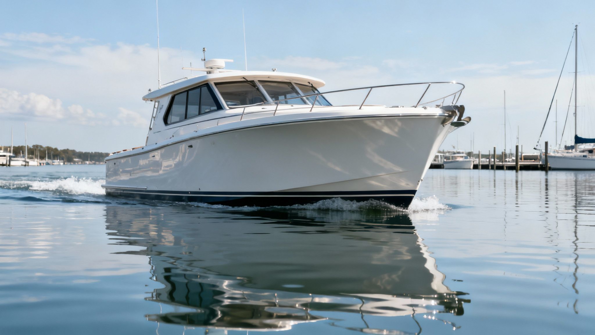 A sleek white powerboat cruises on calm blue water, leaving a wake, with a marina in the background.