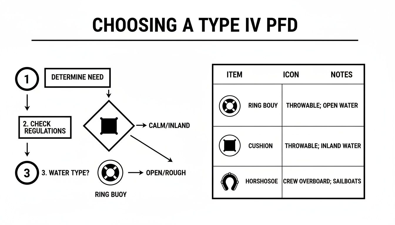 Flowchart guiding the selection of a Type IV PFD, alongside a table detailing different throwable flotation devices.