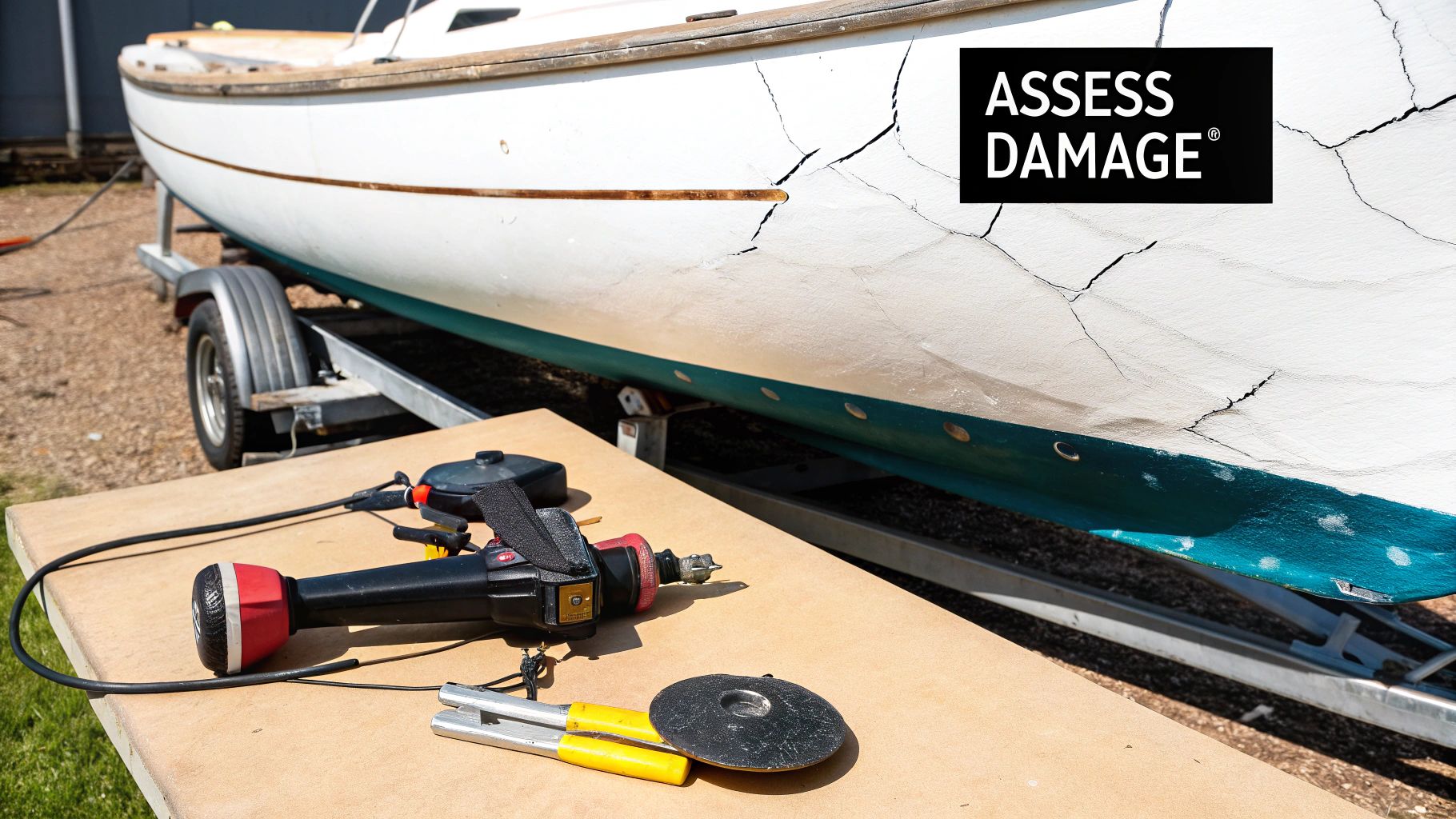Boat hull with visible damage being inspected before repair