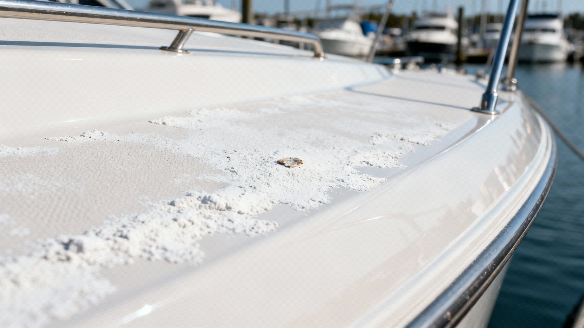 A person cleaning hard water spots off the side of a boat.