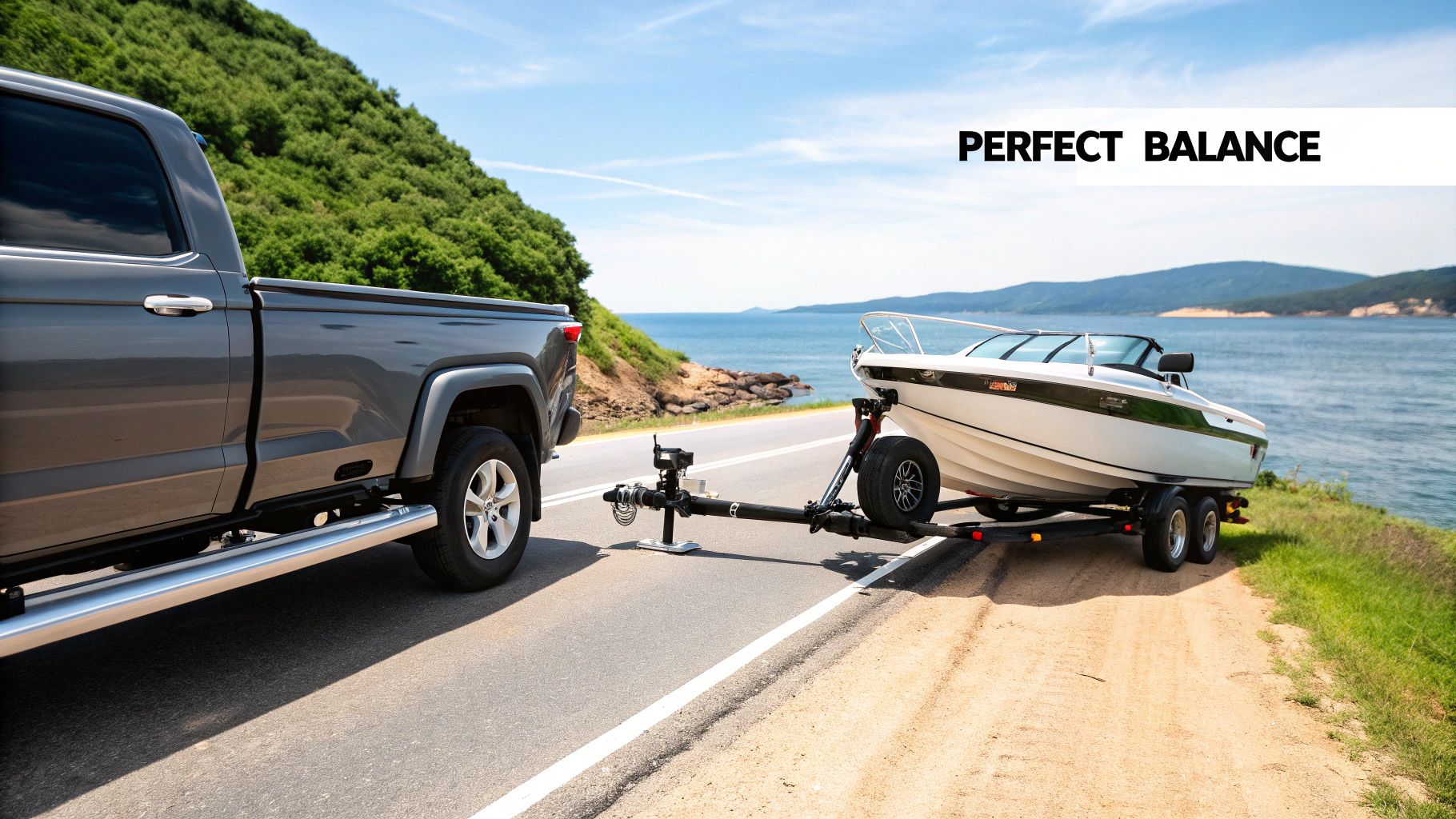 A boat on a trailer being towed by a white pickup truck on a highway.