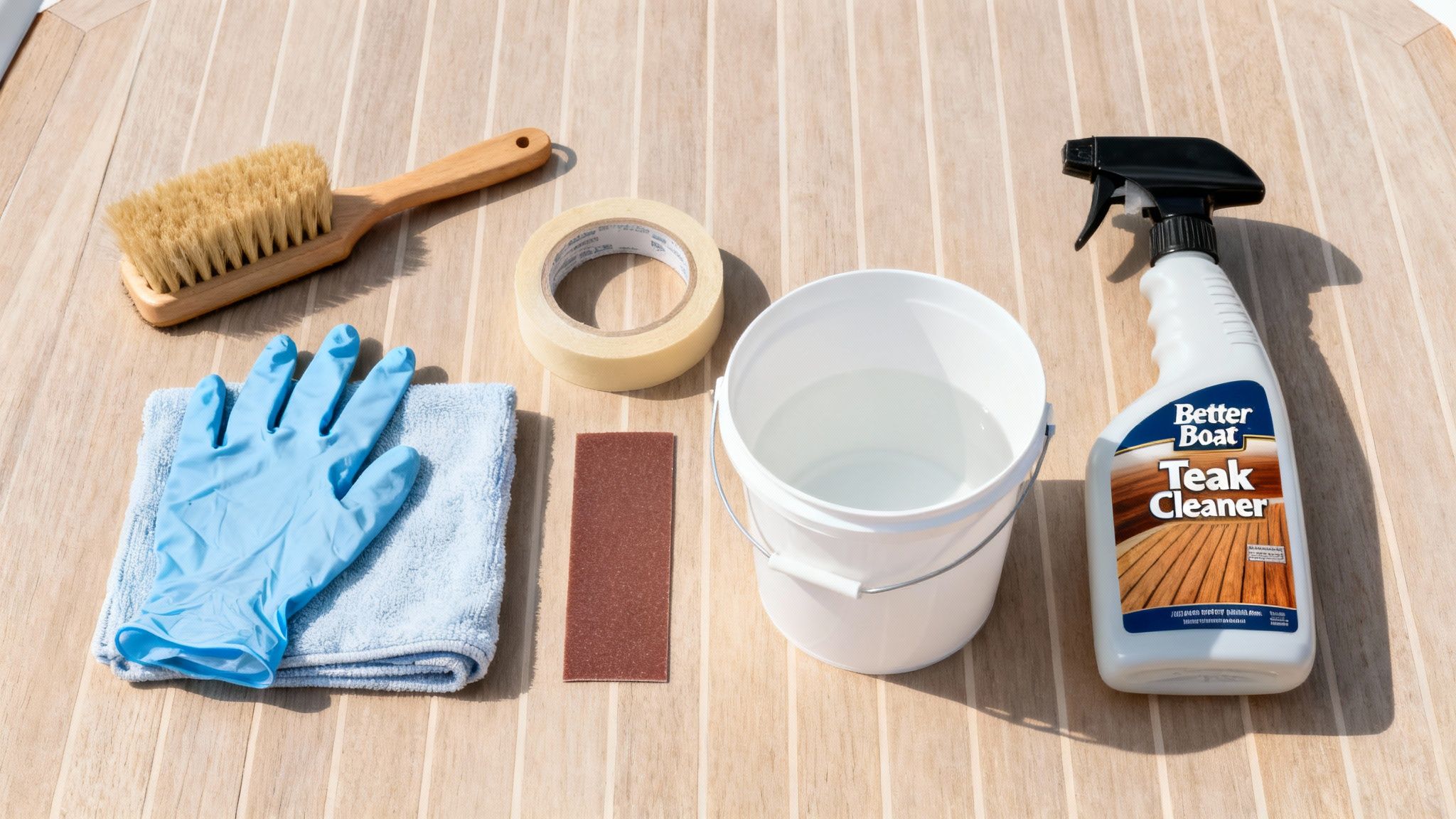 Various items laid out for cleaning and maintaining teak wood, including a brush, cleaner, gloves, and bucket.