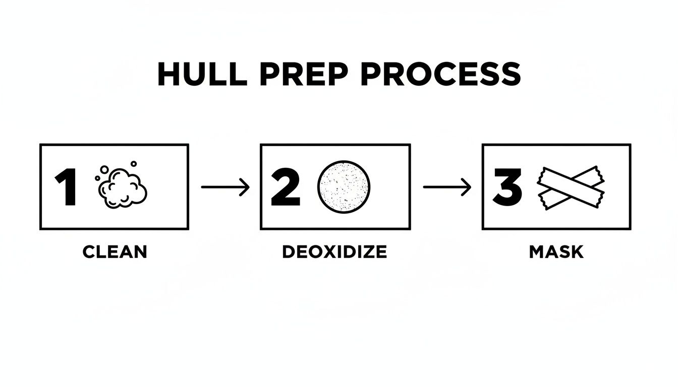 Flowchart illustrating the three-step hull preparation process: clean, deoxidize, and mask.
