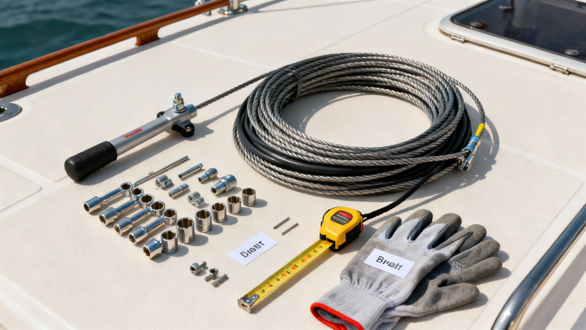 Tools and a new steering cable laid out neatly on a wooden dock surface, ready for installation.