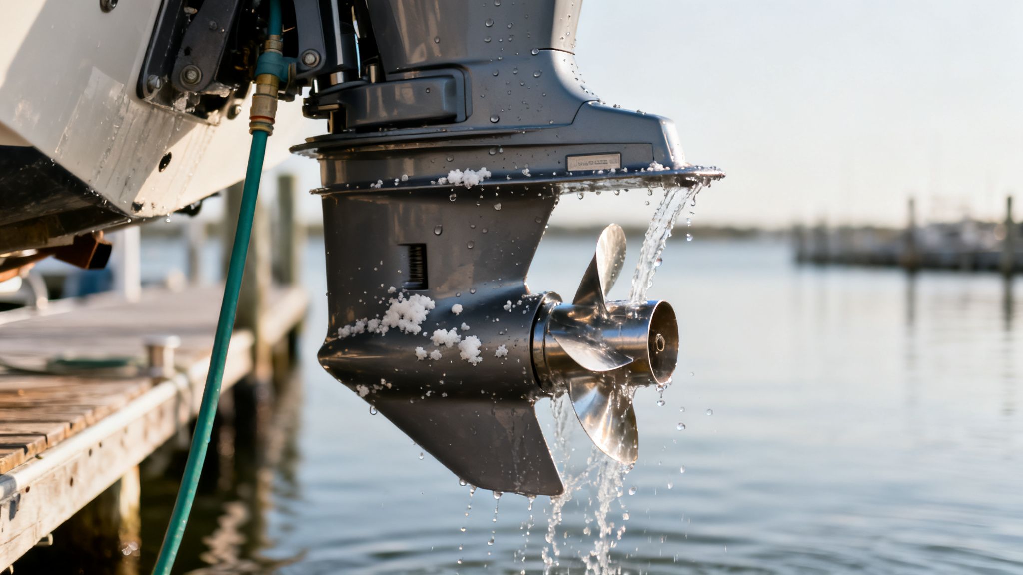 A boat's outboard motor being flushed with a hose, water spraying, and salt residue visible.