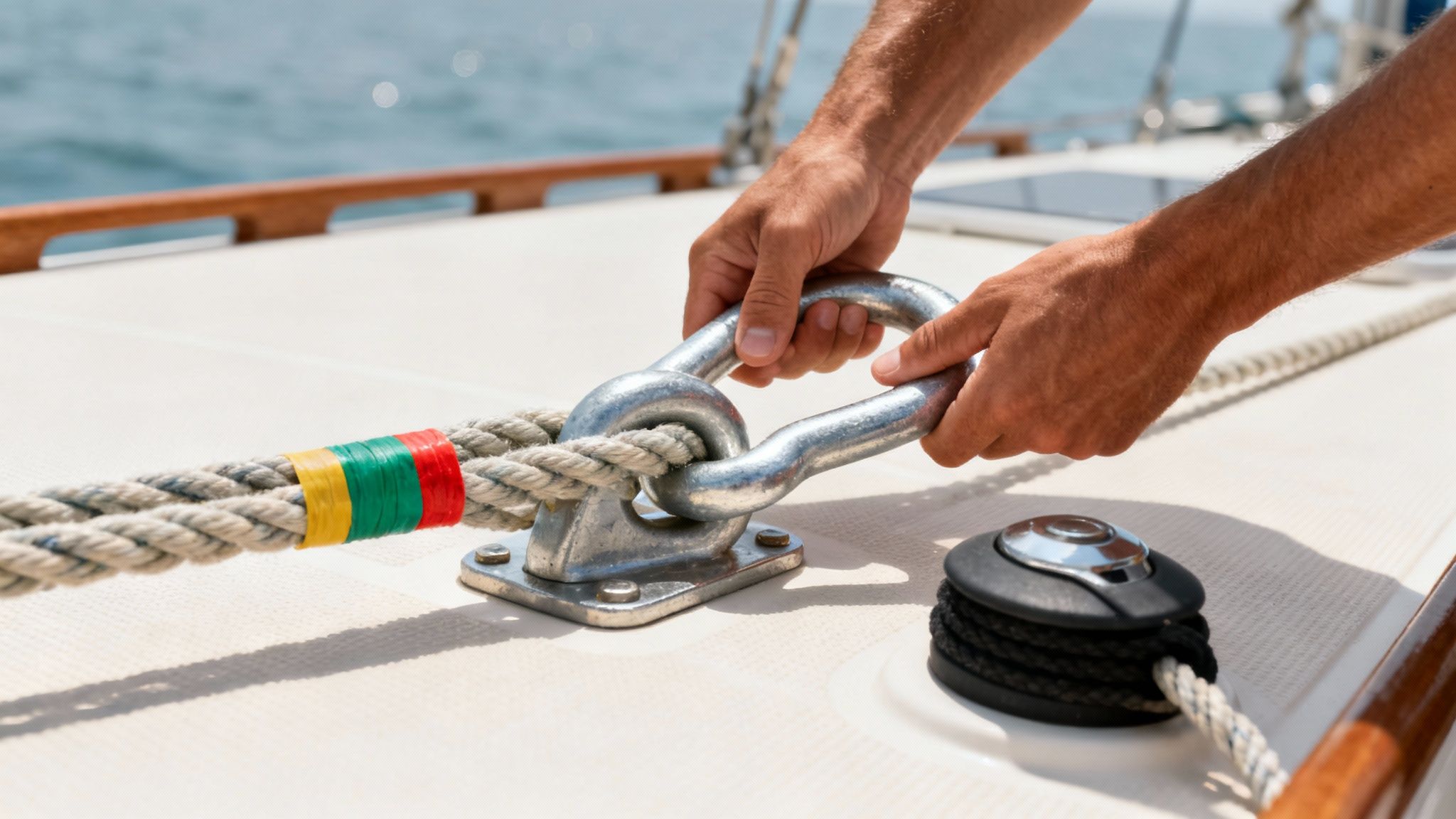 A person's hands installing a shackle on a boat anchor system.