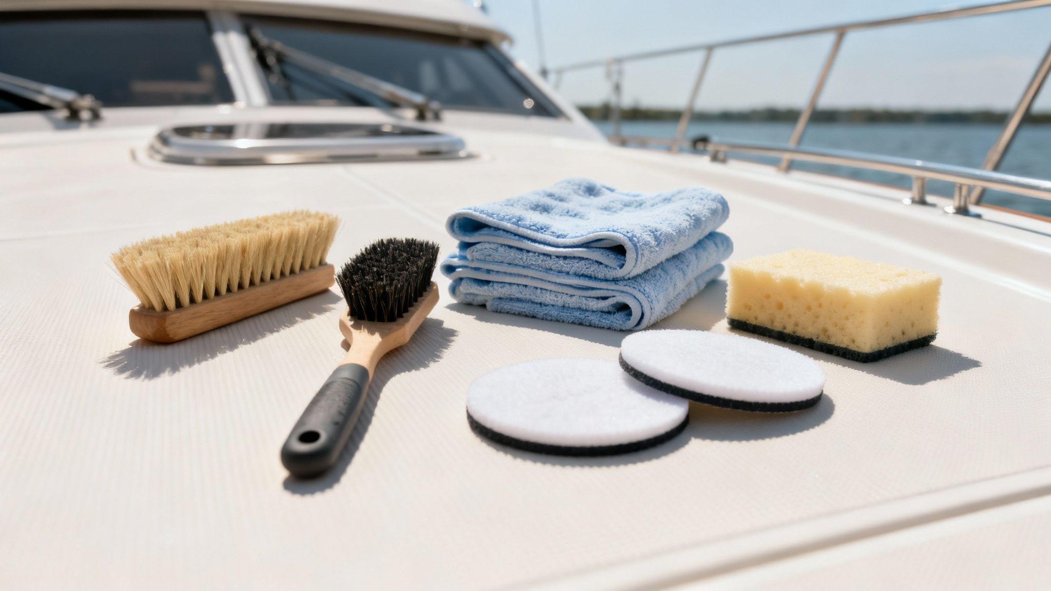 A collection of boat cleaning brushes, sponges, and towels arranged neatly