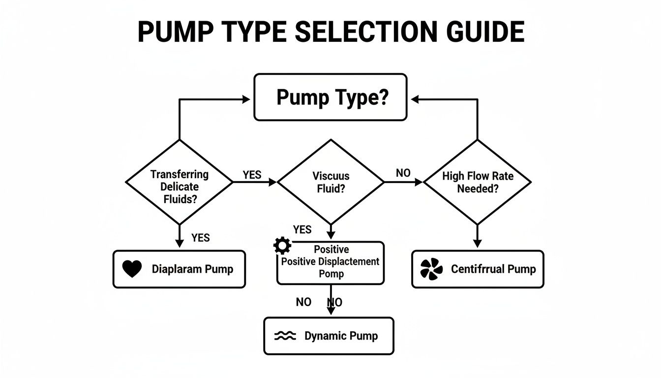 Flowchart diagram guiding the selection of pump types based on fluid properties and flow rate.