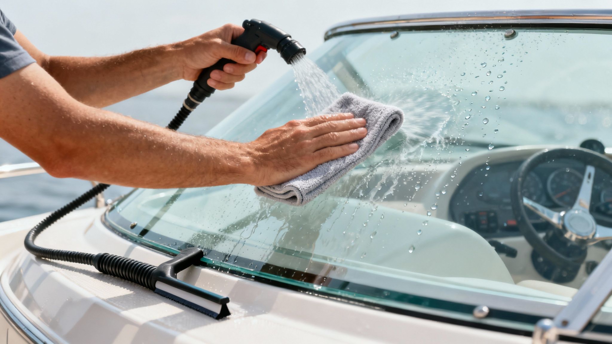 A person carefully wiping down a boat windshield with a microfiber cloth, achieving a streak-free shine.