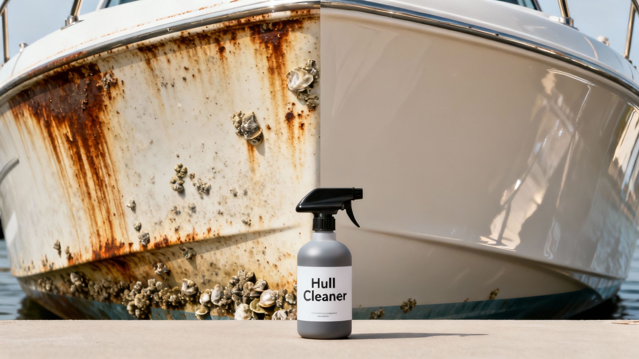 A boat hull before and after cleaning, showing a 'Hull Cleaner' product transforming a dirty, rusty surface into a spotless one.