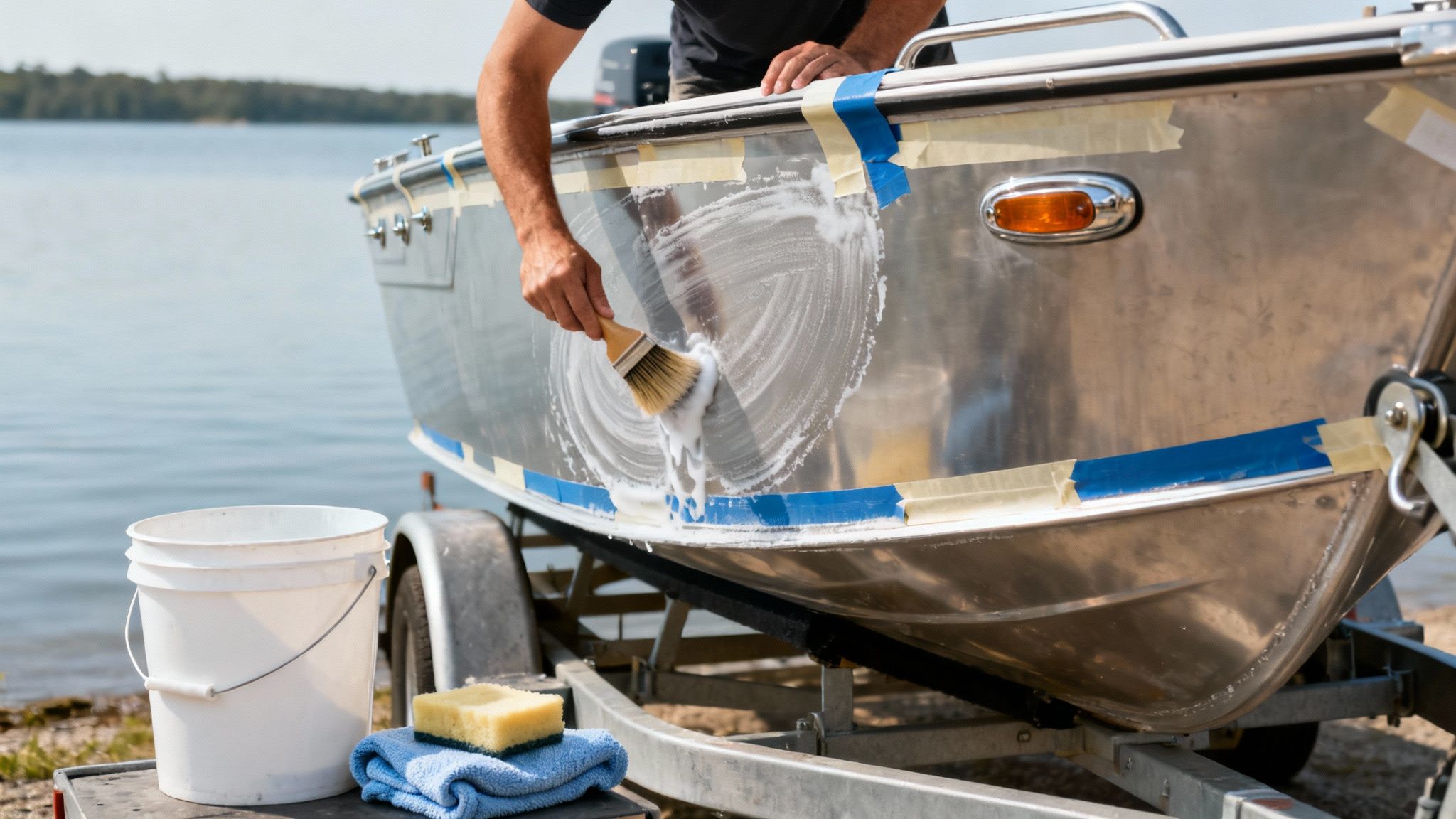 A person polishes an aluminum boat with a brush and suds by a lake, tools ready.